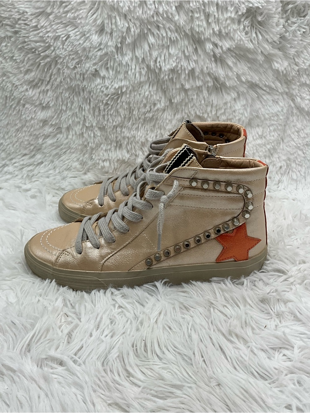 ShuShop Riri Metallic Sneakers Size 8.5 Champagne Studded Trim High-Top